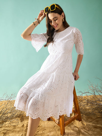 White schiffli tiered A-Line Dress