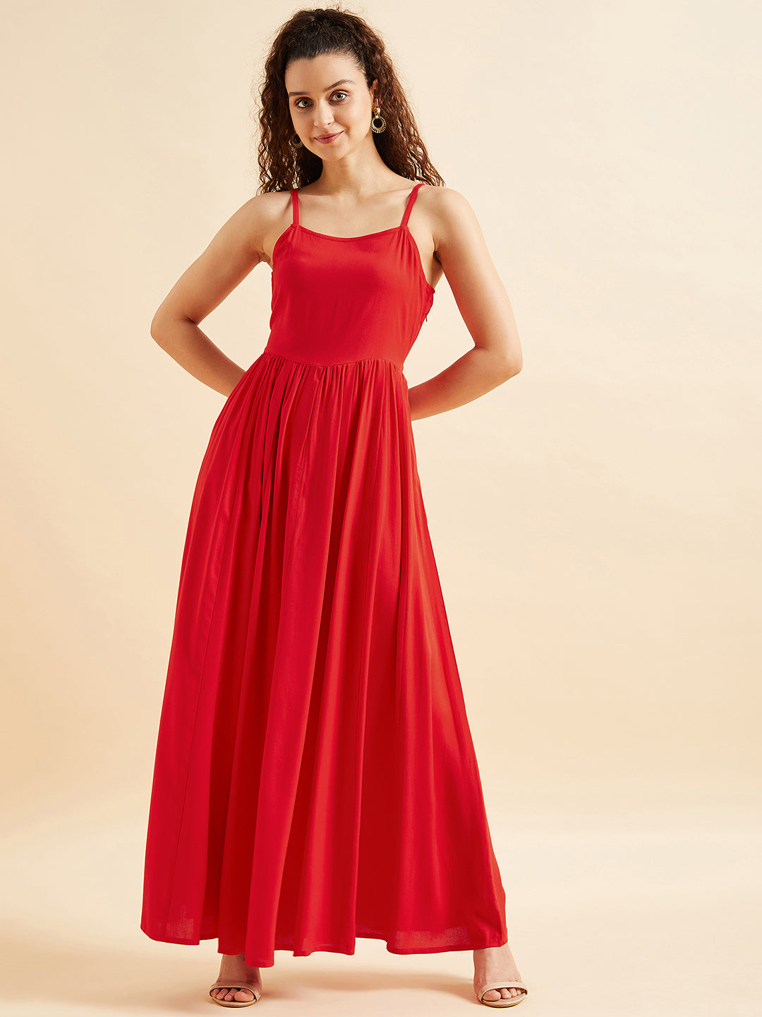 Shoulder Straps Fit & Flare Maxi Ethnic Dress With Printed Shrug