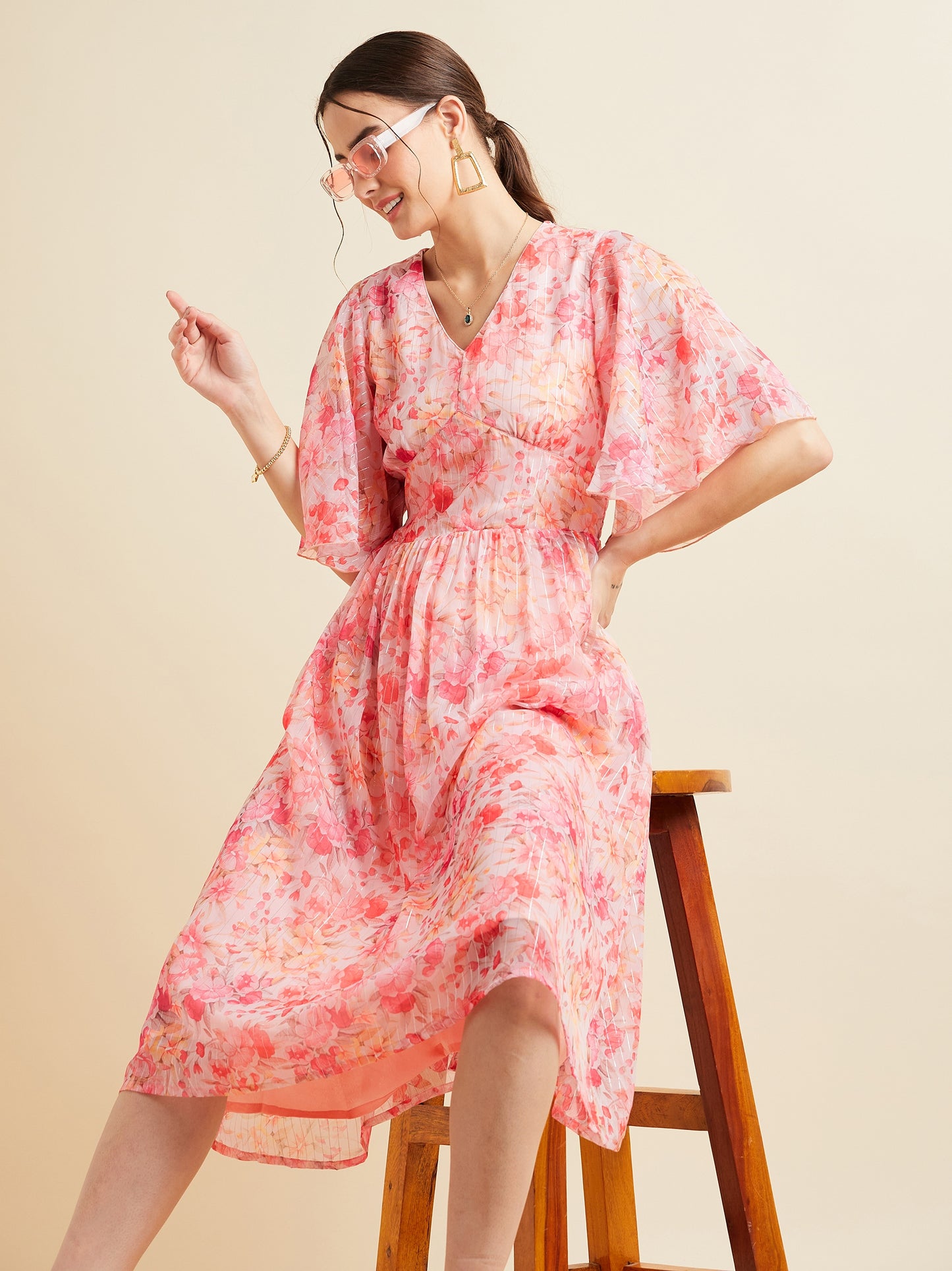 Printed Flared Sleeves V-Neck Gathered Fit & Flare Midi Dress