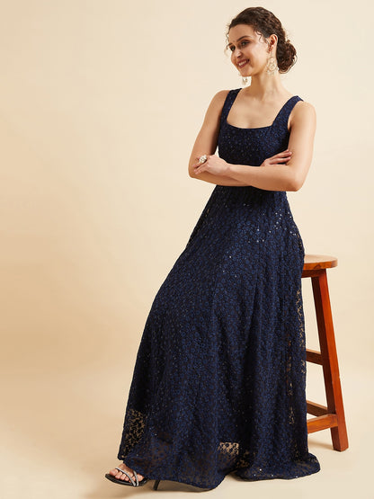 Embroidered Georgette Fit & Flare Maxi Dress - Naby Blue