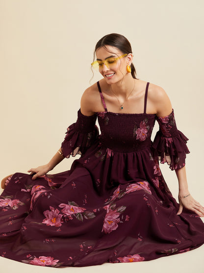 Burgundy & Pink Floral Printed Shoulder Straps Smocked Georgette Maxi Dress