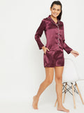 Women Wine Satin Finish Solid Night Suit