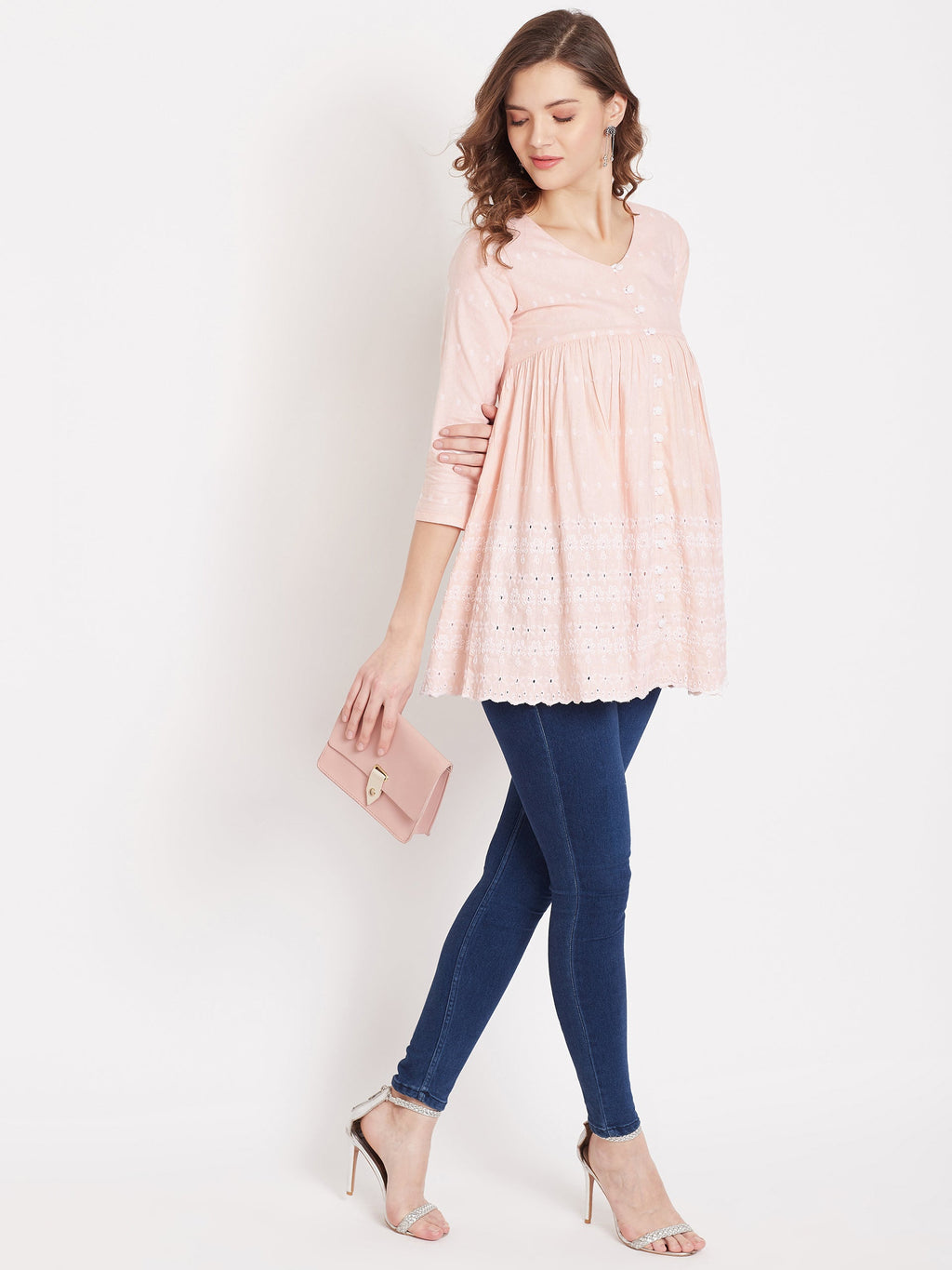 Women Peach Schiffli A-Line Flared Top