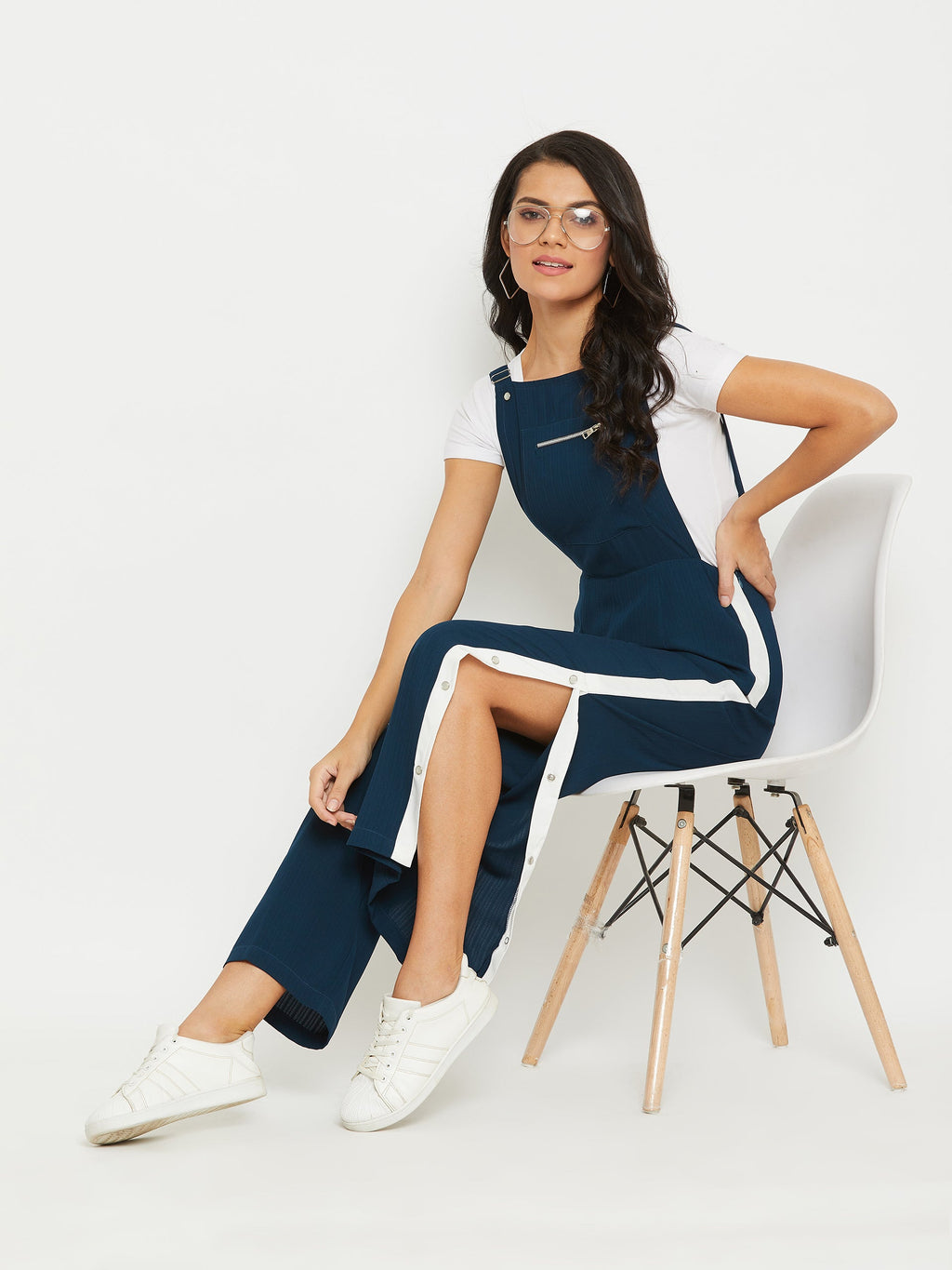 Teal solid dungarees with side stripes detail