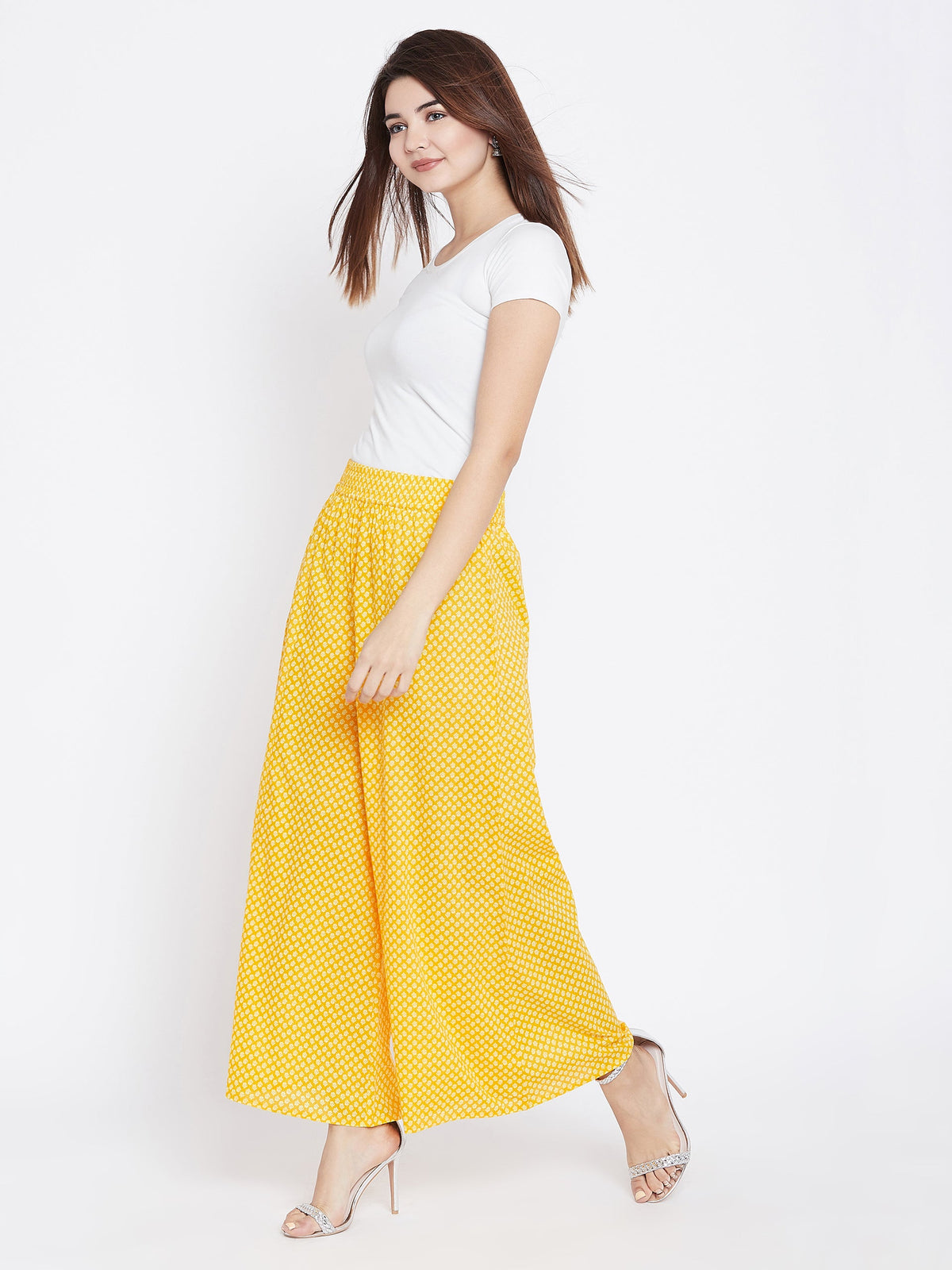 Women Yellow Printed Flared Palazzos
