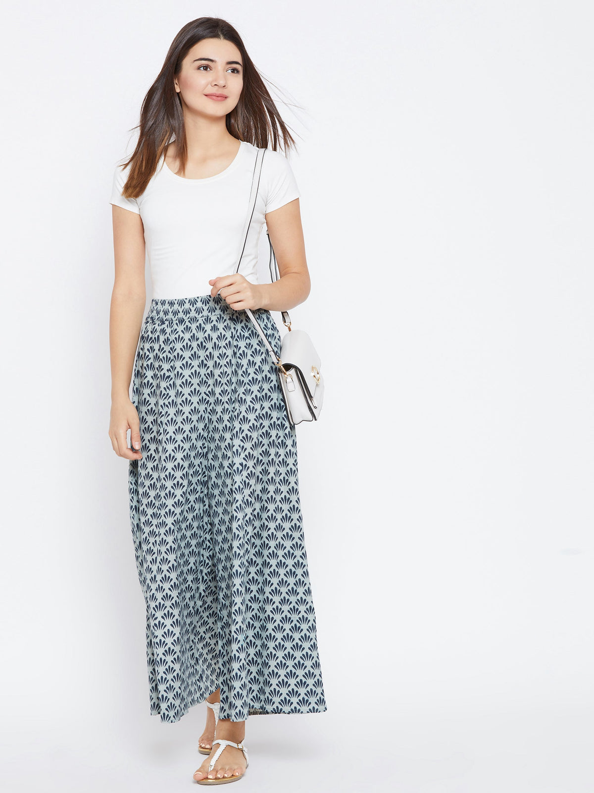 PANIT Women Grey and Blue Printed Flared Palazzos
