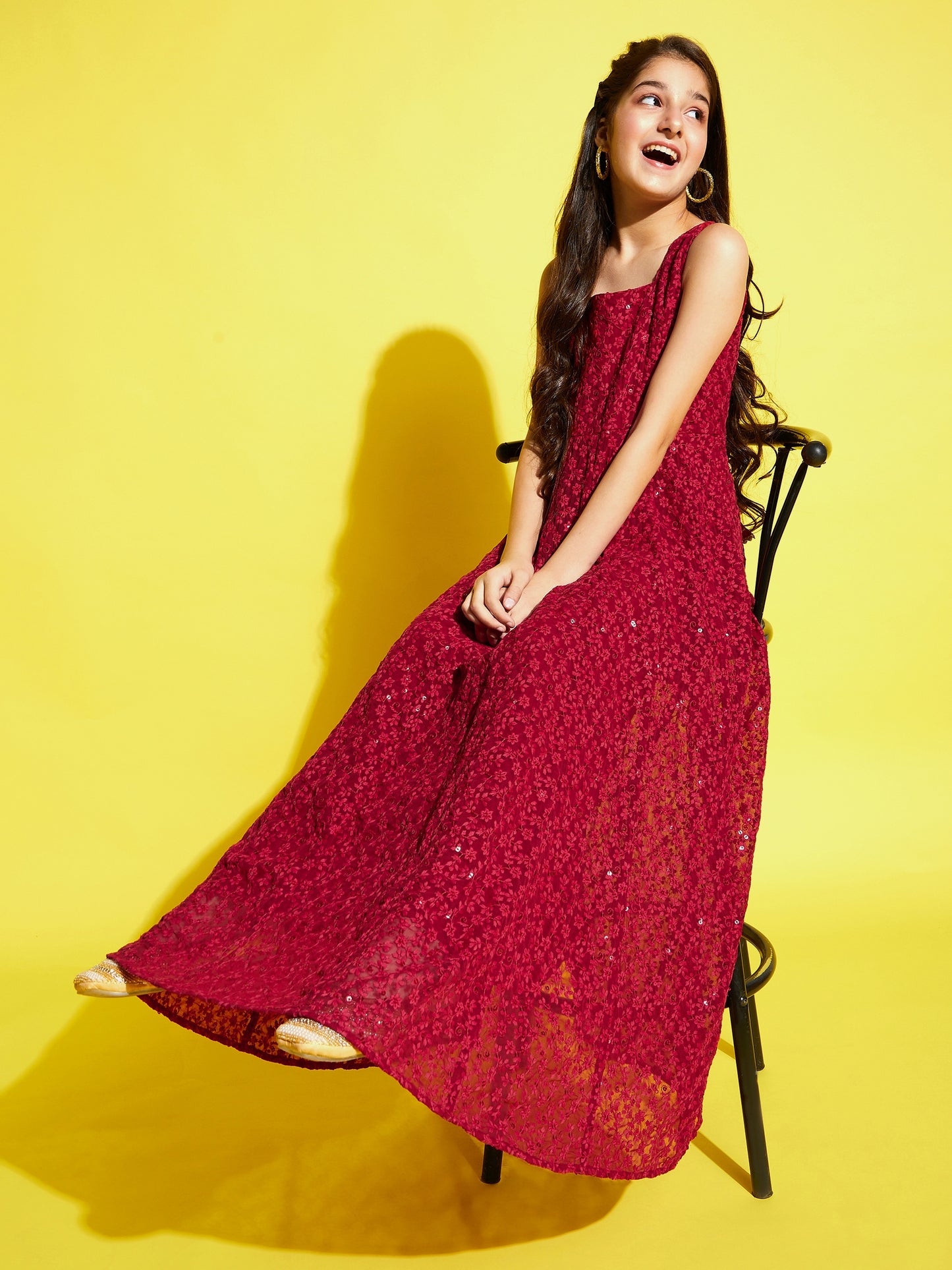 Maroon Floral Embroidered Ethnic Maxi Dress