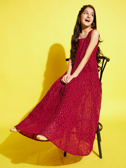 Maroon Floral Embroidered Ethnic Maxi Dress