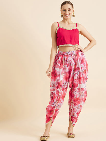 White & Pink Floral Printed Crop Top With Dhoti Pants & Shrug Ethnic Co-Ords