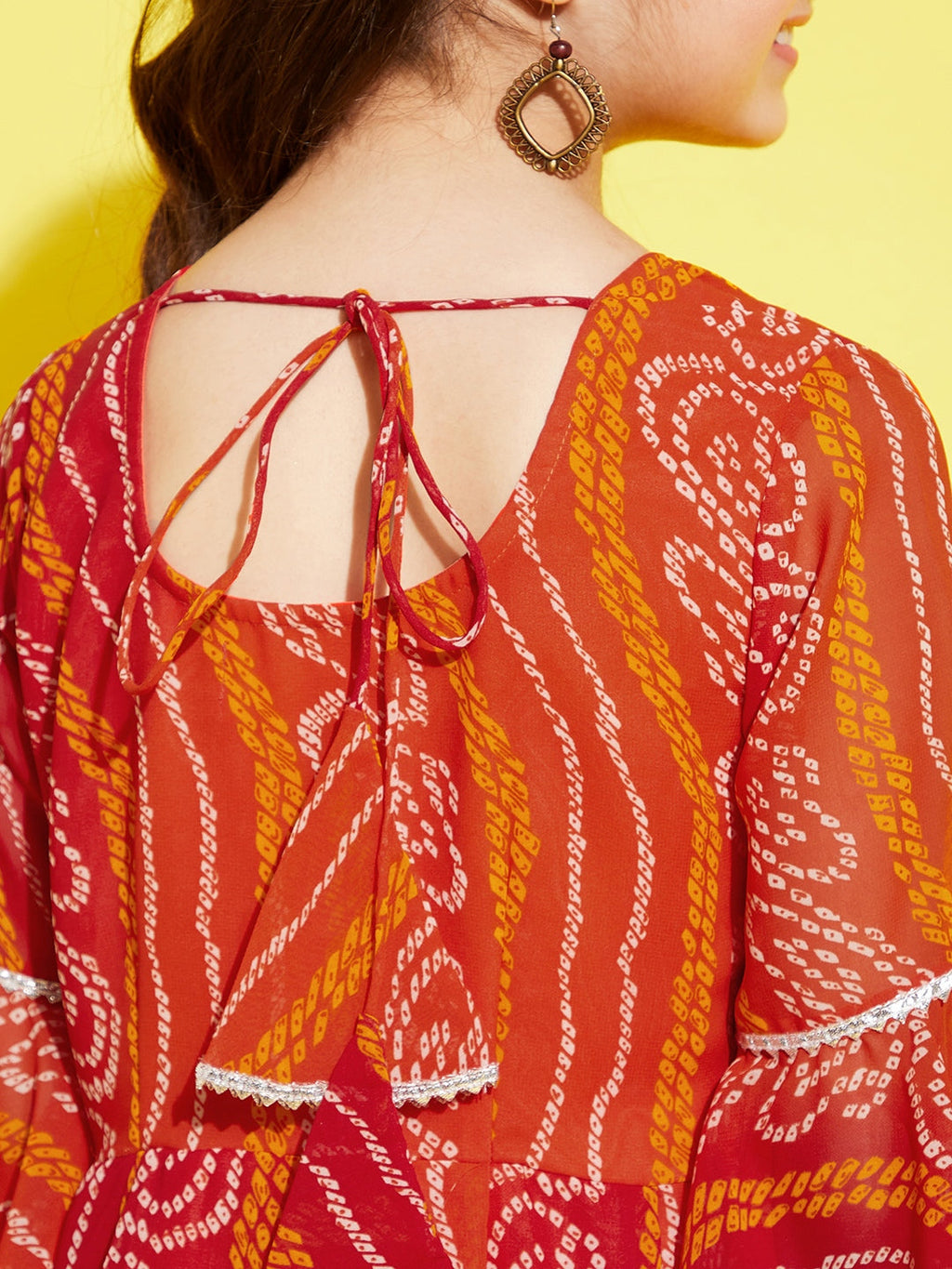 Girls Orange Bandhani Printed Empire Kurta with Sharara & Dupatta