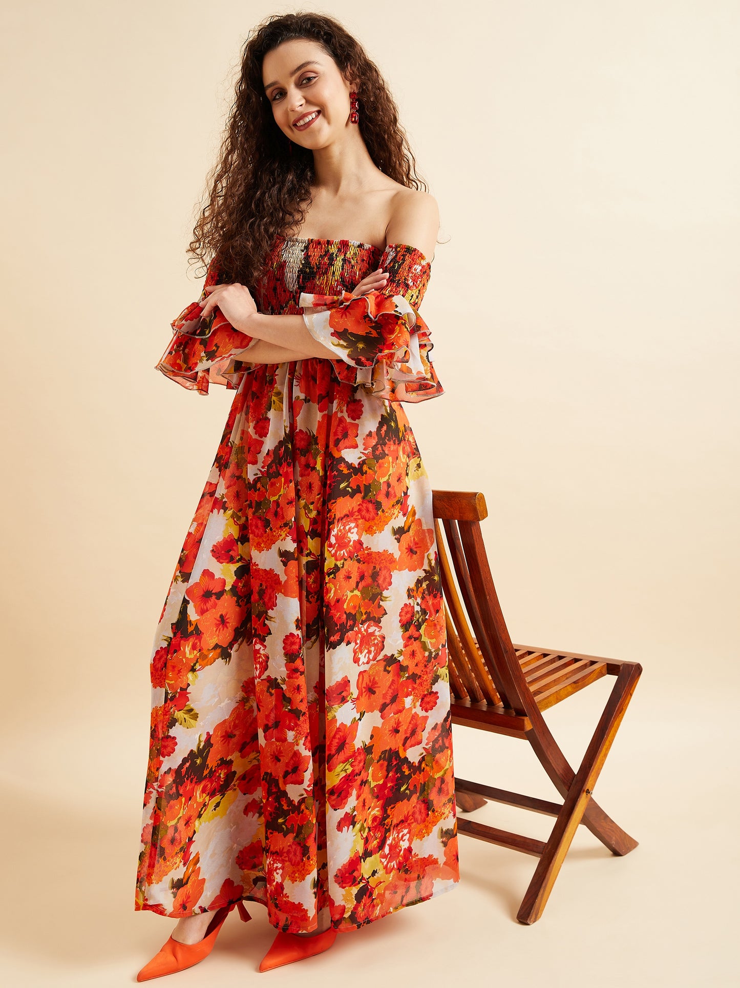 Floral Off-Shoulder Smocked Georgette Maxi Dress