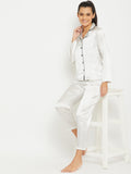 Women White Satin Finish Solid Night Suit