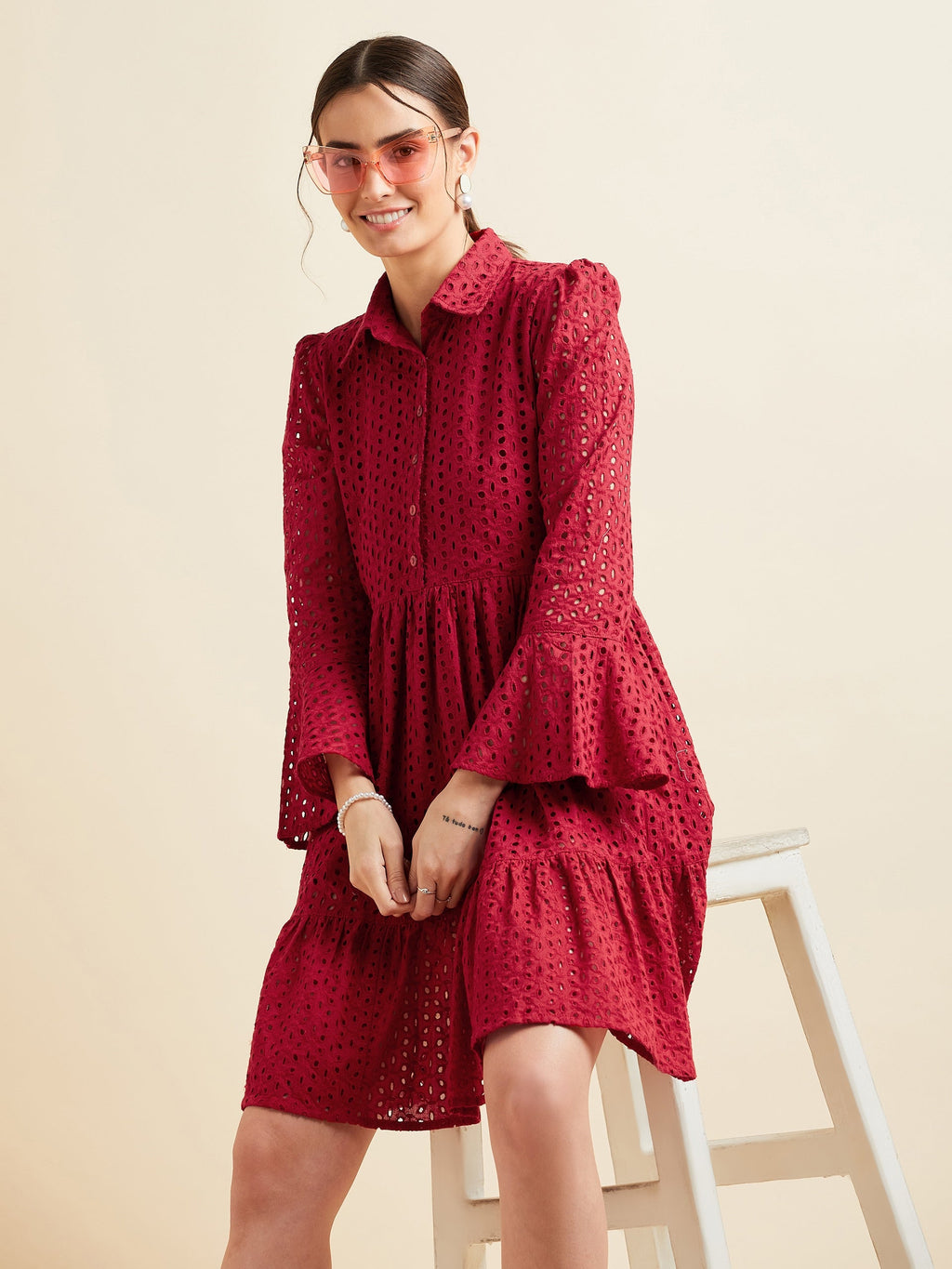 Women Maroon Shirt Collar Bell Sleeve Ruffled Schiffli Cotton A-line Dress
