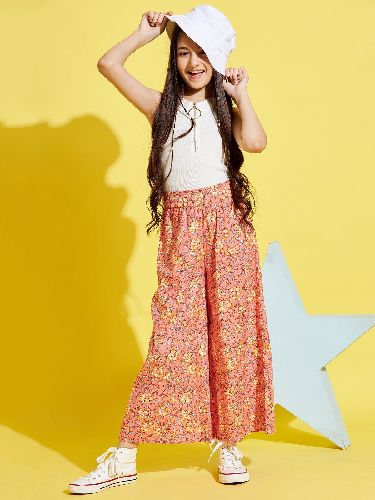 Cherry Jerry Girls Orange Floral Printed Relaxed Pleated Cotton Trousers