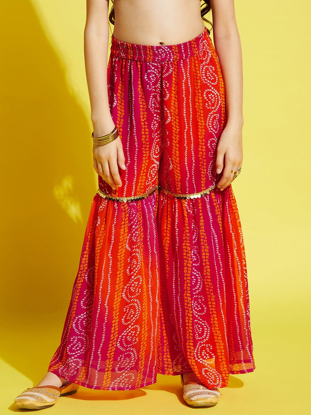 Girls Orange & Pink Bandhani Printed A-Line Kurta with