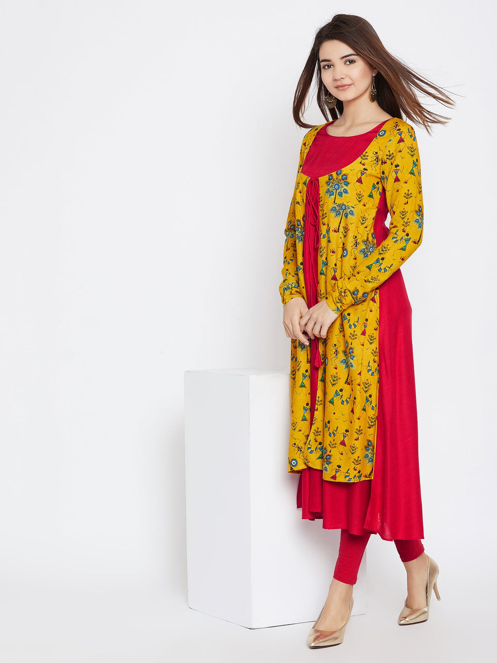 Women Yellow & Red Printed A-Line Kurta