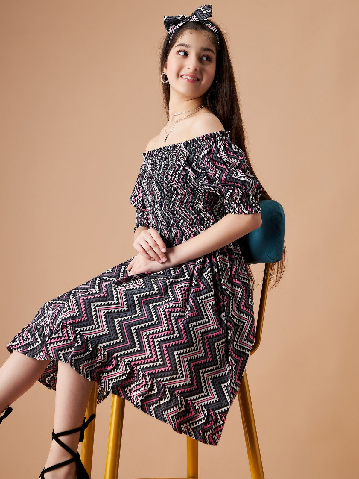 Chevron Printed Smocking A-Line Dress