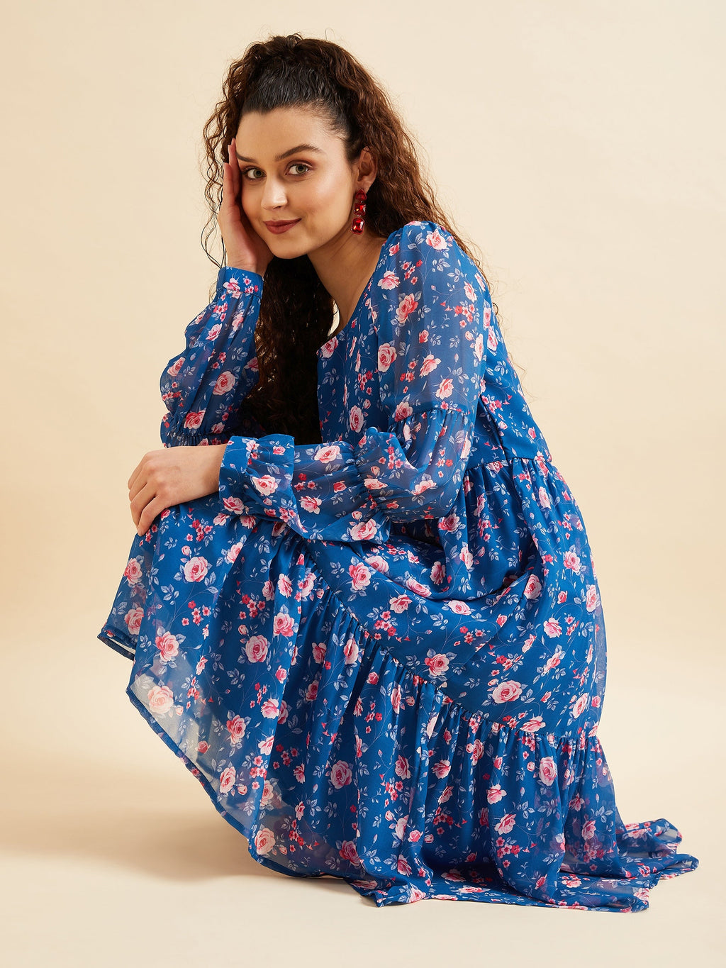 Puffed Sleeves Floral Printed Tiered Fit & Flare Georgette Dress