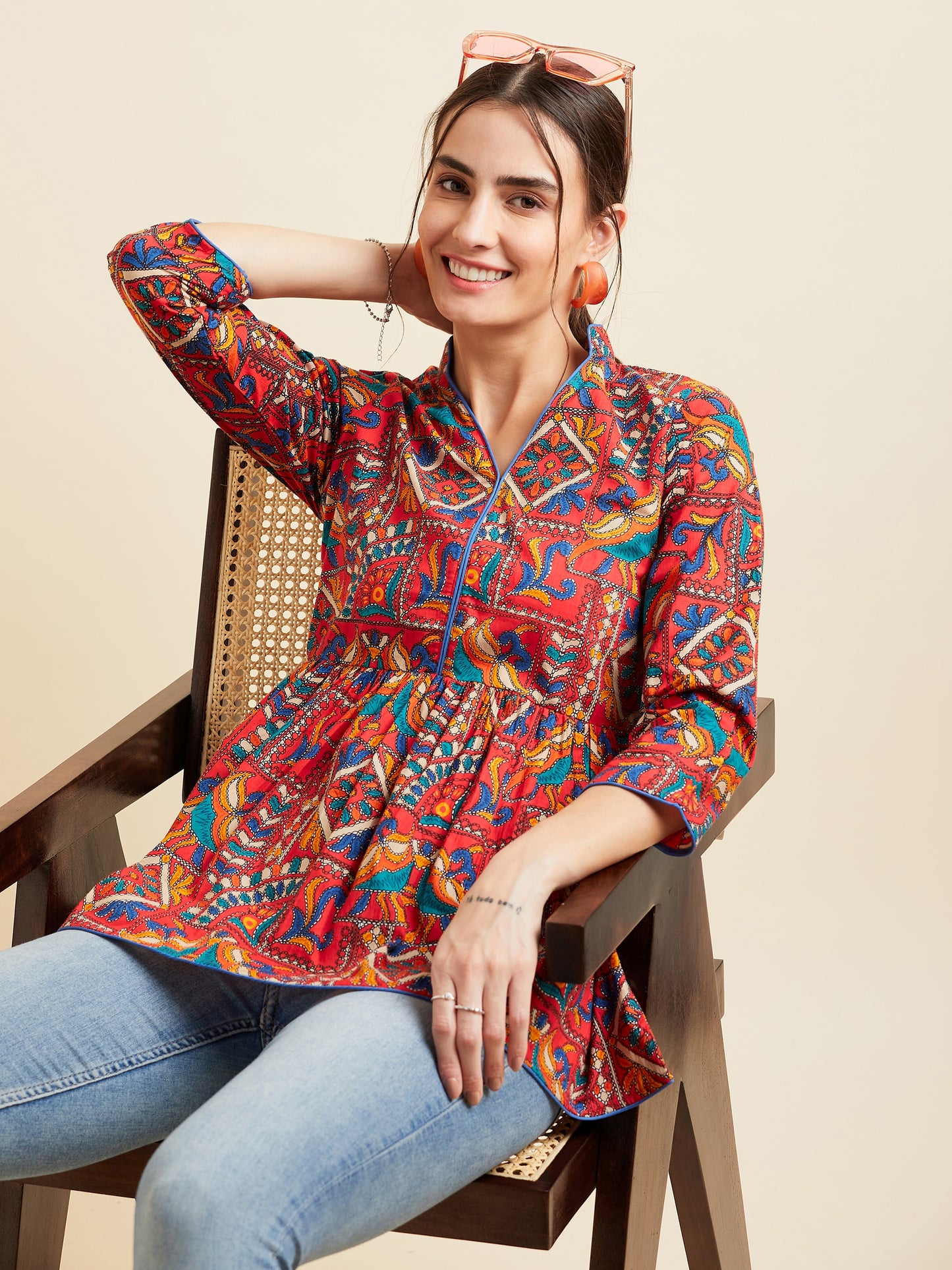 Red Ethnic Motifs Printed Pure Cotton A-line Kurti