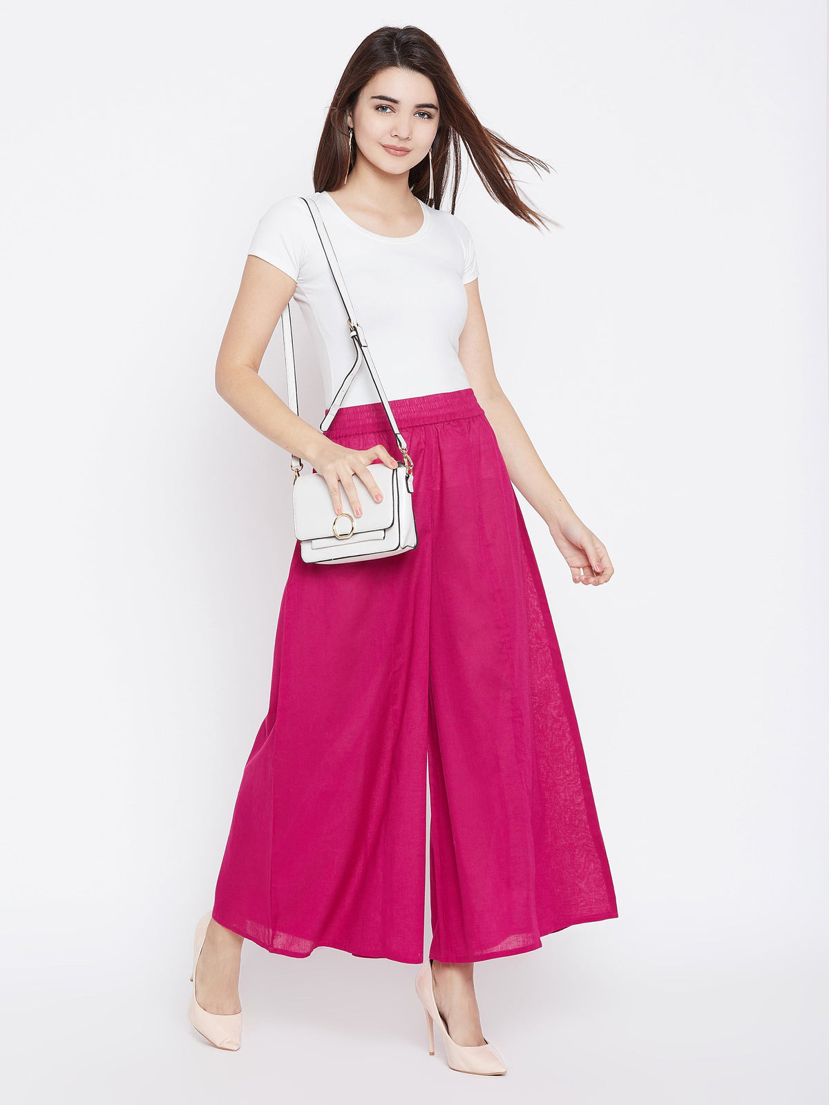Women Magenta Flared Solid Palazzos