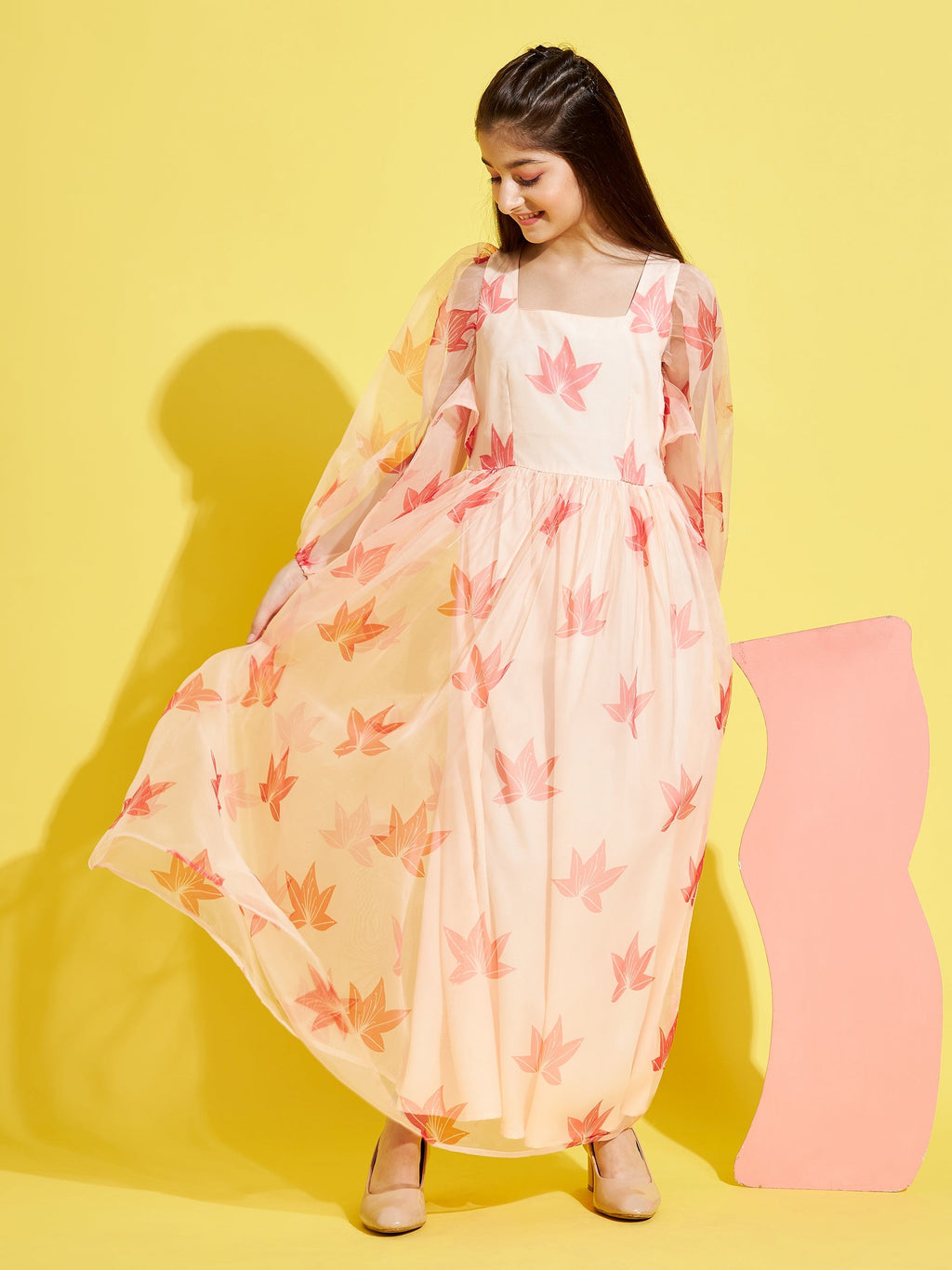 Girl Cream-Coloured leaf printed Maxi Dress