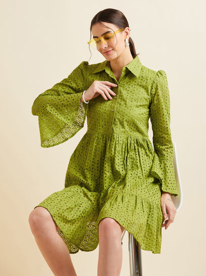 Women Green Shirt Collar Bell Sleeve Ruffled Schiffli Cotton A-line Dress