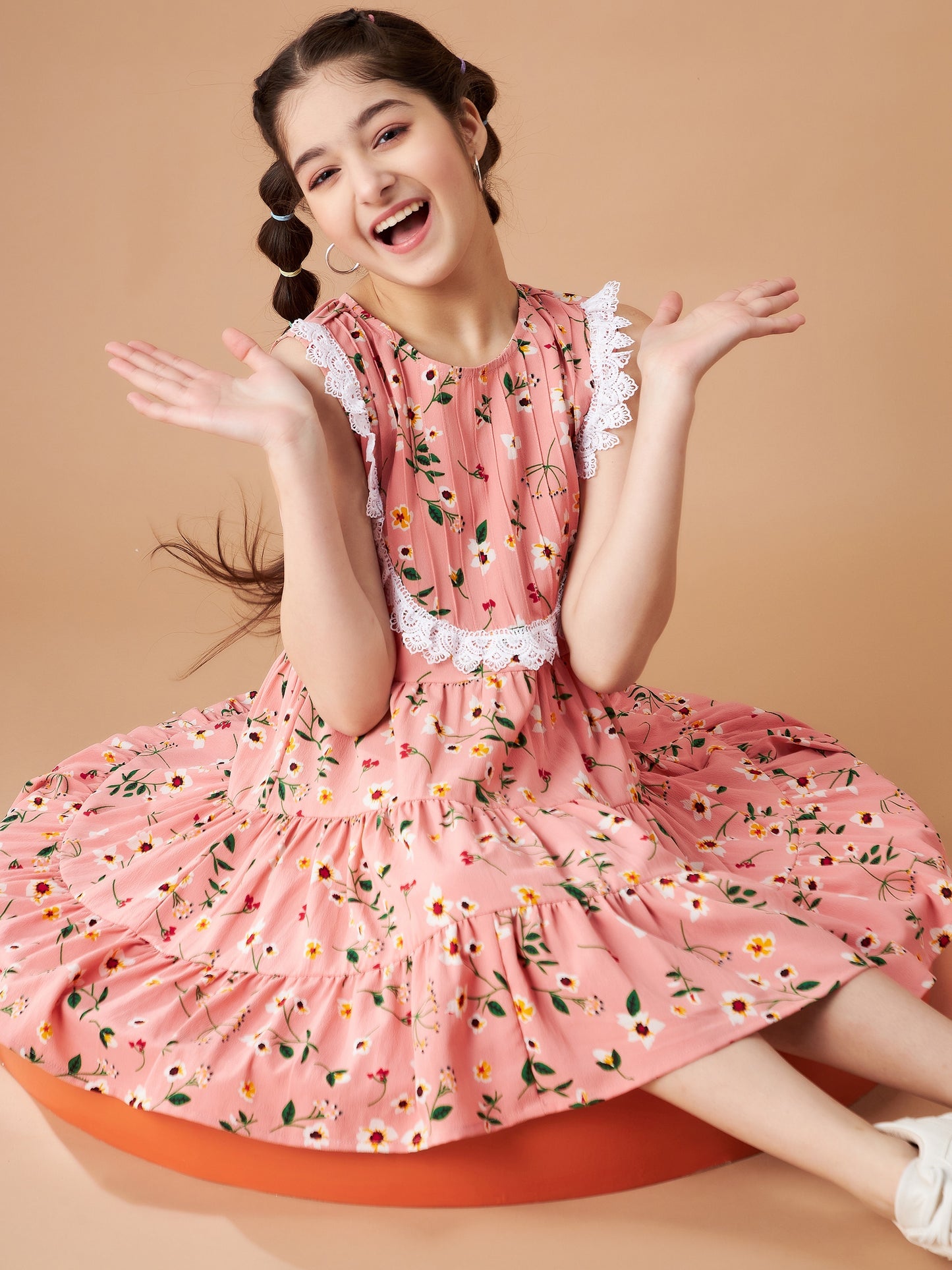 Girls Peach Floral Printed Crepe Fit & Flare Dress