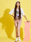 Girls Peach-Coloured Relaxed High-Rise Trousers