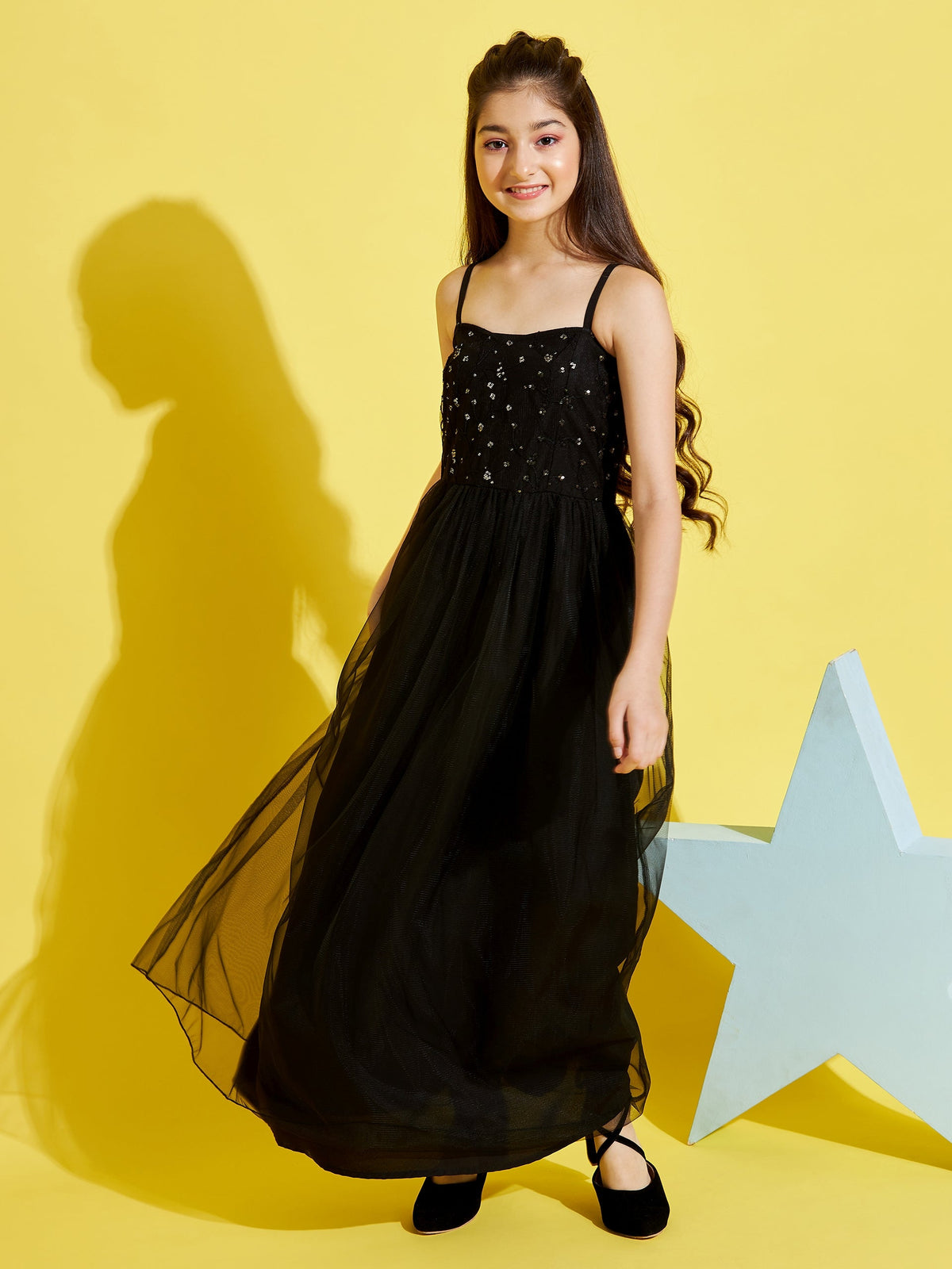 Girls Black Floral Net Maxi Dress