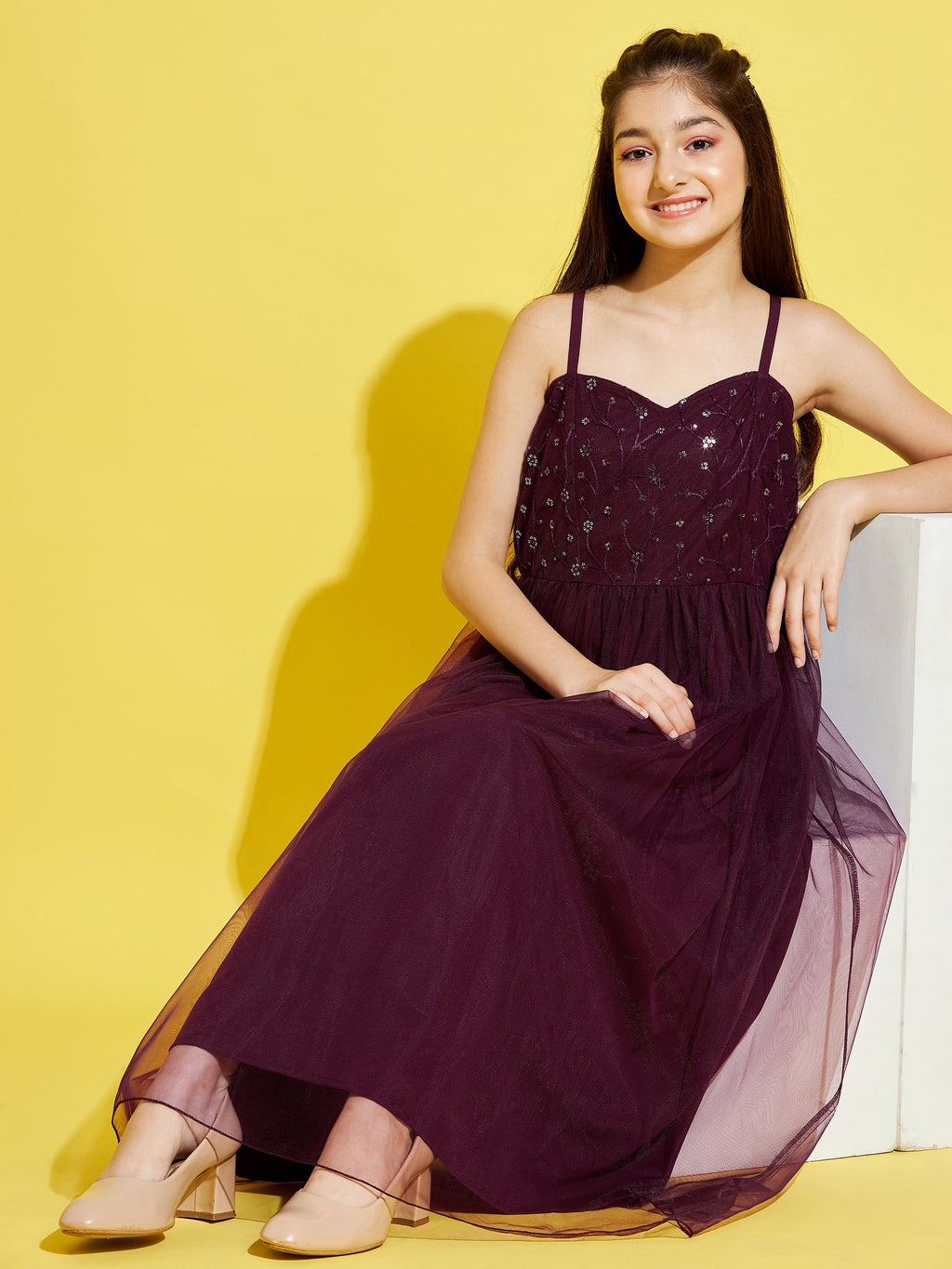 Women Maroon Floral Net Maxi Dress