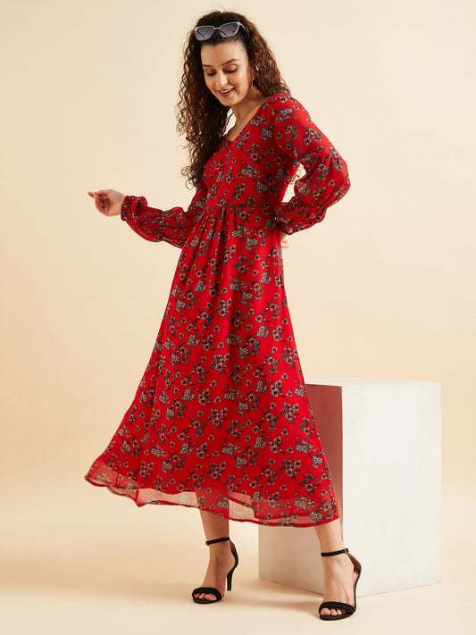 Floral Printed Puff Sleeve Georgette Maxi Dress