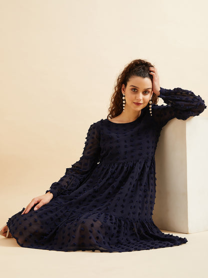 Women Puffed Sleeves Self Design Tiered Fit  Flare Georgette Dress