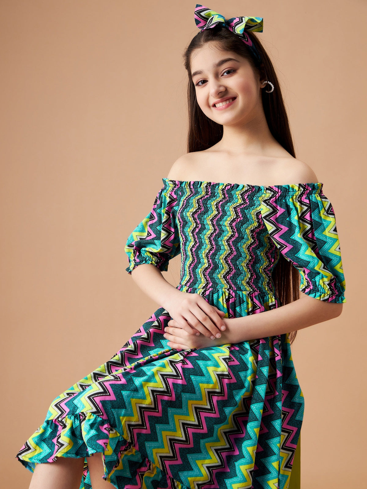 Chevron Printed Off-Shoulder Crepe A-Line Dress