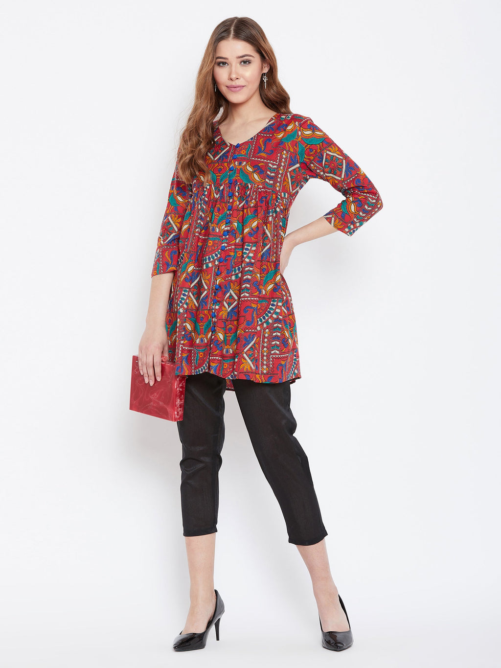 Women Red Printed Pure Cotton Anarkali Pure Cotton Kurti