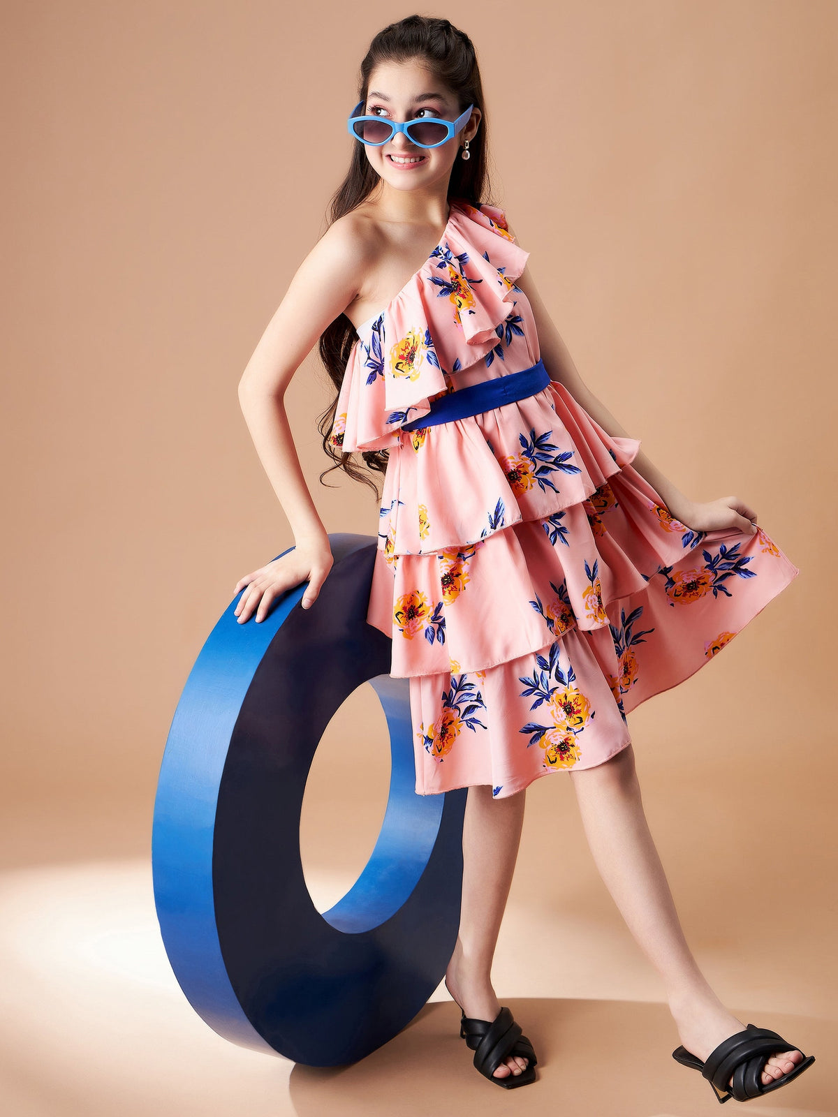 Girls Floral Printed One Shoulder Layered Fit & Flare Dress