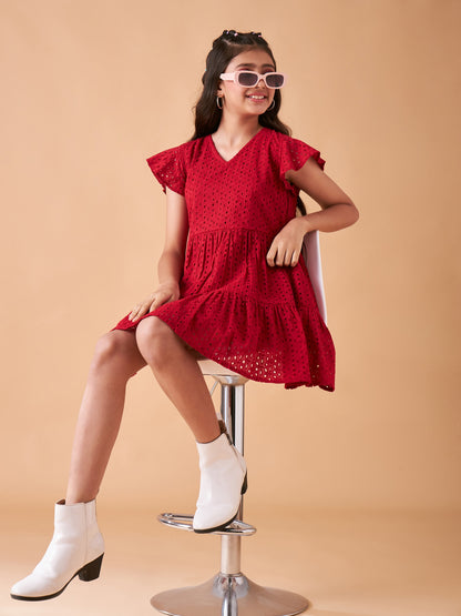 Girls Maroon Flutter Sleeve Fit & Flare Short Dress