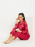 Women Red Satin Finish Solid Night Suit