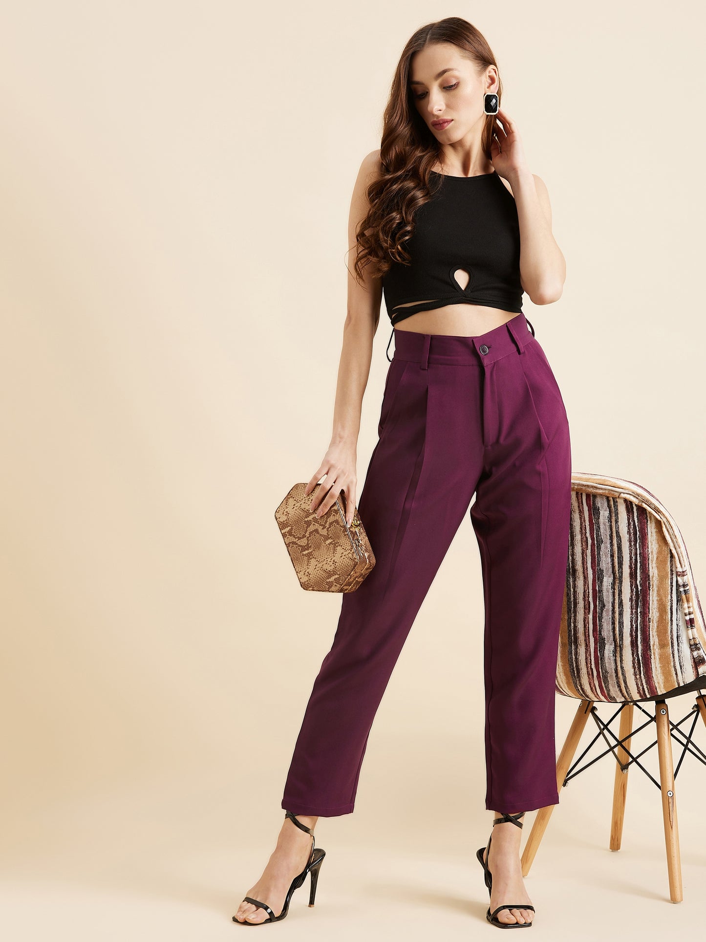Burgundy Relaxed Straight Fit High-Rise Pleated Formal Trousers