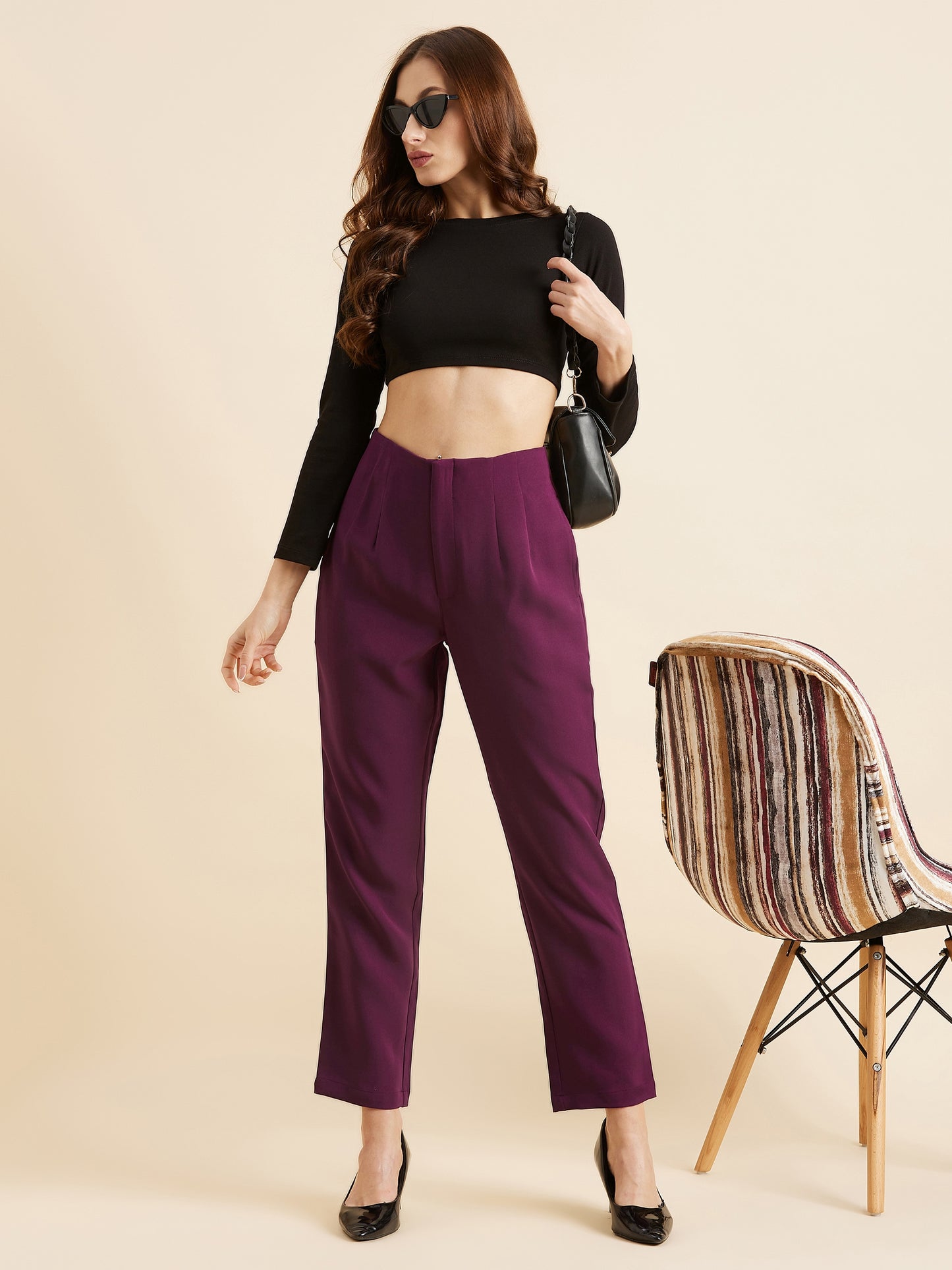 Burgundy Smart Straight Fit High-Rise Pleated Peg Trousers