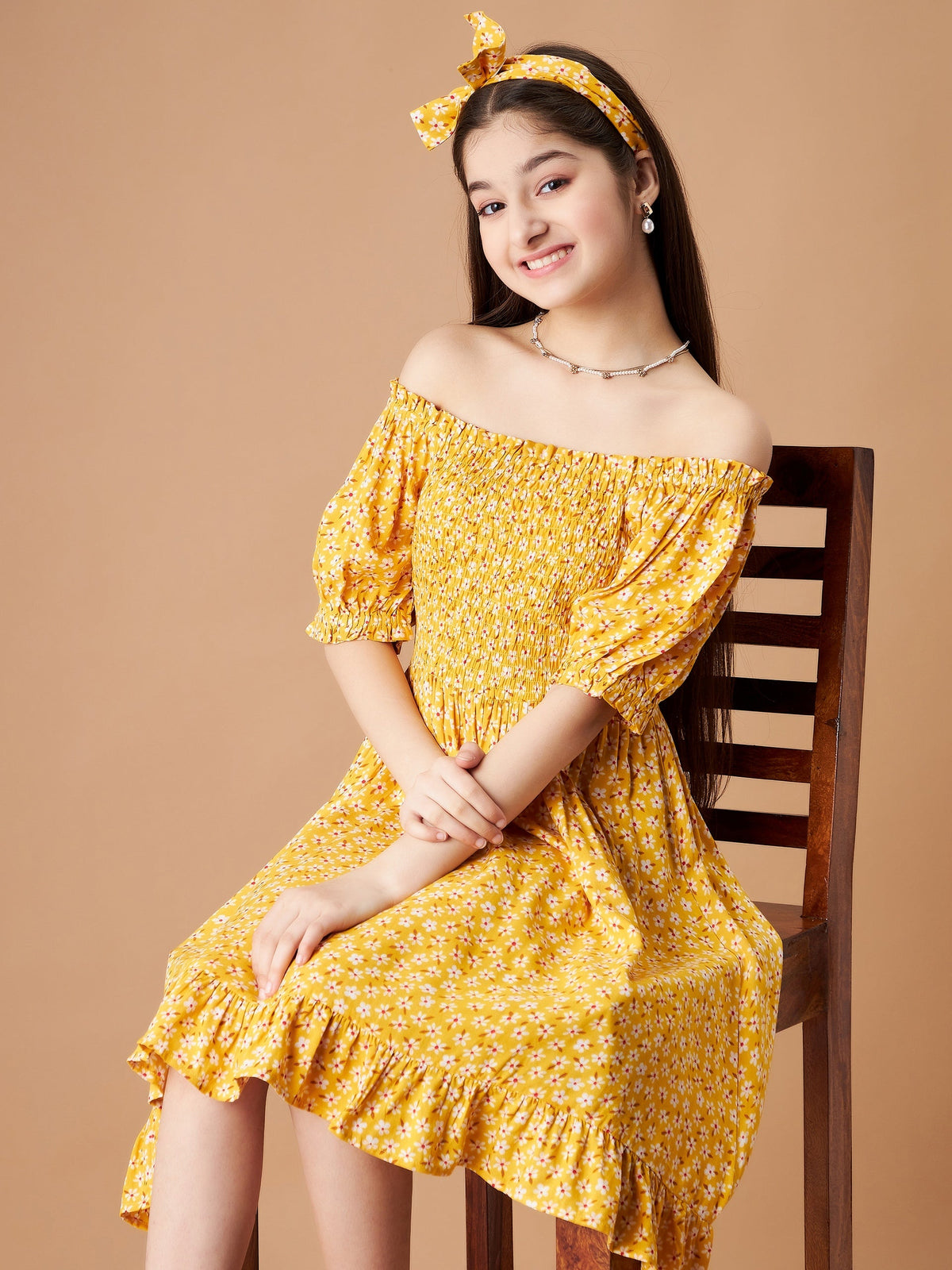 Girls Floral Print Off-Shoulder Puff Sleeve Fit  Flare Dress