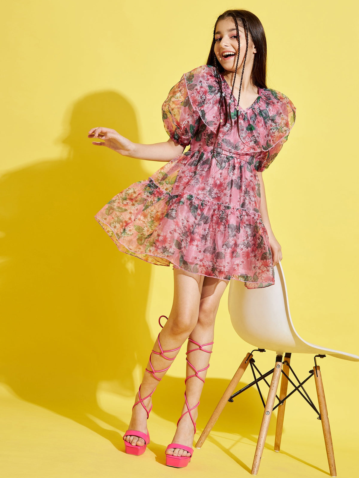 Girls Pink & Black Floral Dress