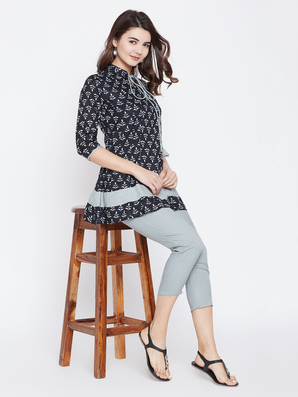 Navy Blue & Grey Printed Pure Cotton A-Line Pure Cotton Kurti