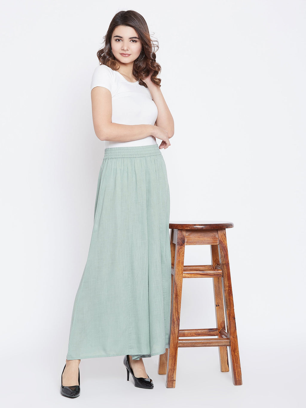 Women Green Solid Wide Leg Palazzos