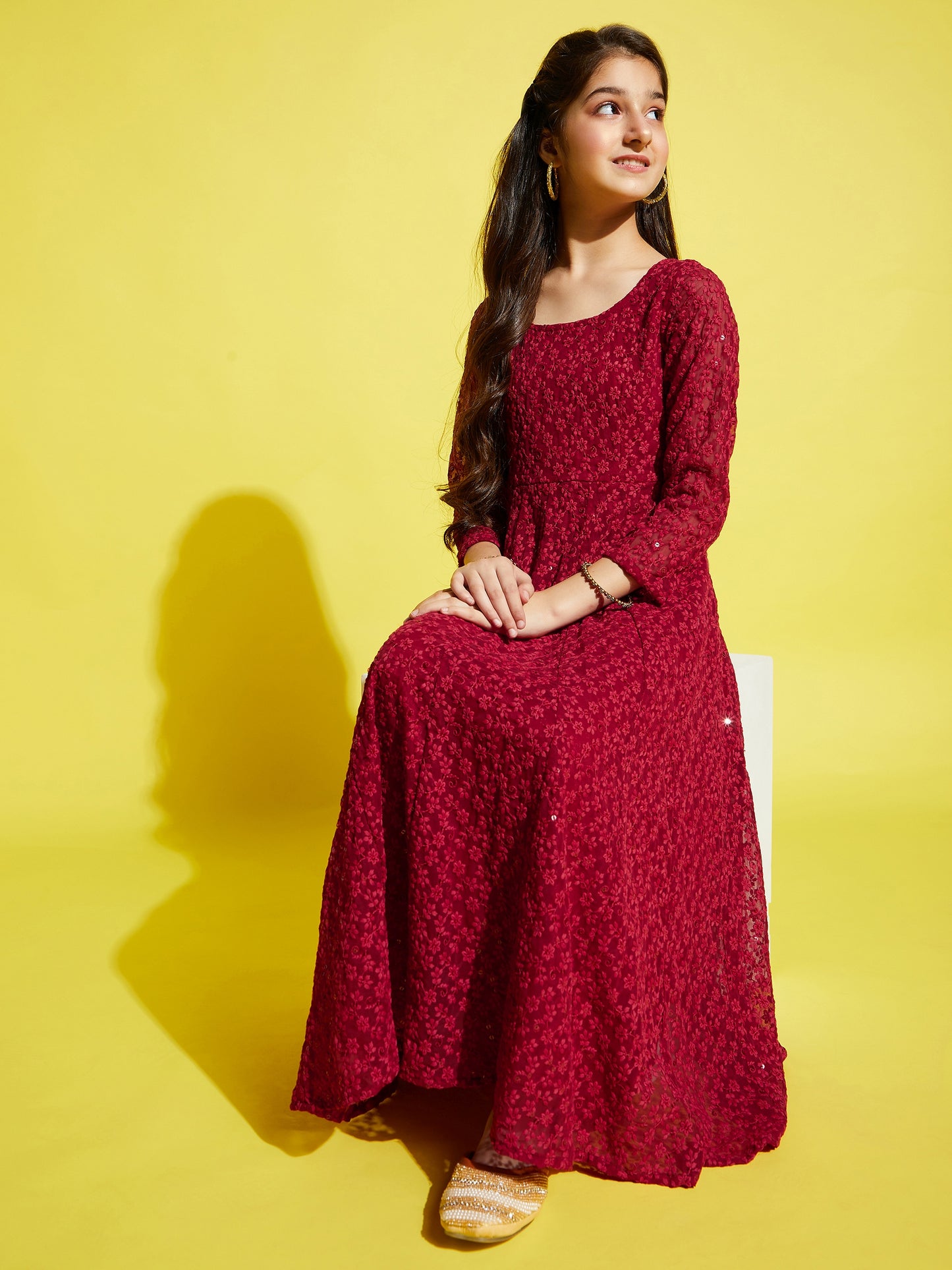 Girls Floral Embroided Maxi Dress - Maroon