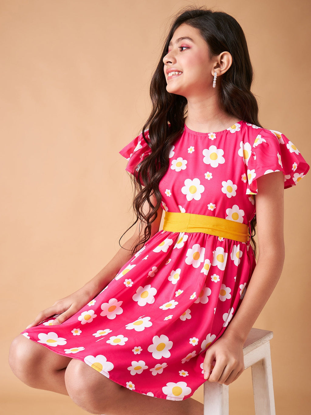 Girls Floral Printed Flutter Sleeve Fit & Flare Dress