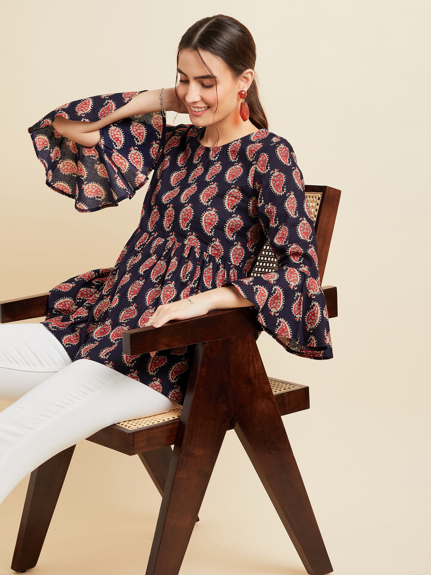 Paisley Printed Bell Sleeves Pleated A-Line Kurti