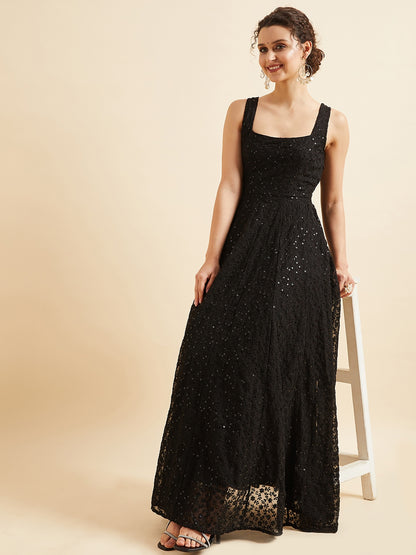 Embroidered Georgette Fit & Flare Maxi Dress - Black