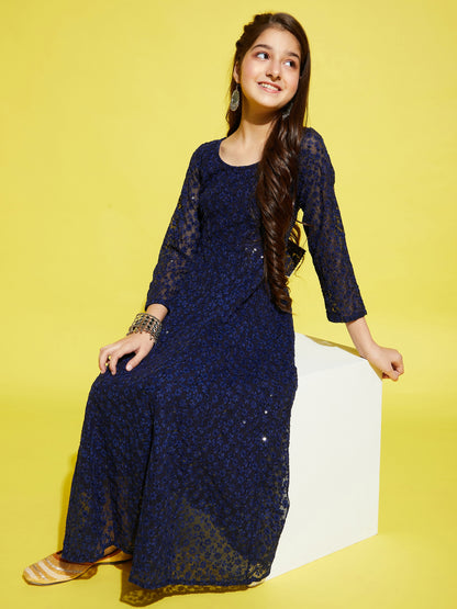 Girls Floral Embroided Maxi Dress - Navy Blue