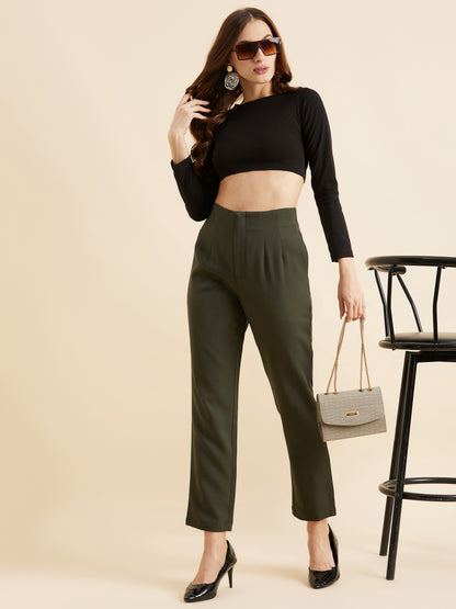 Olive Green Smart Straight Fit High-Rise Pleated Trousers