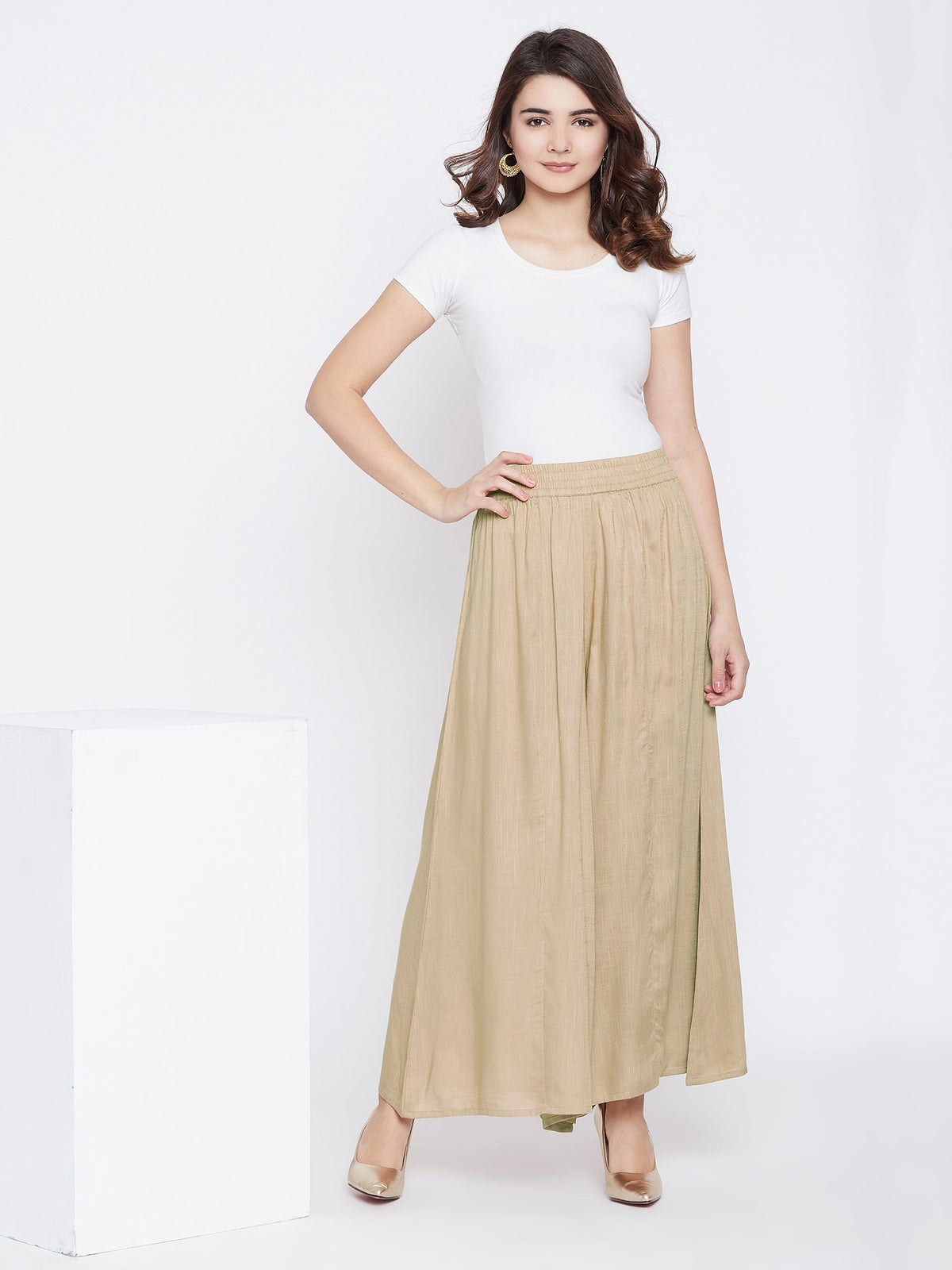 Women Beige Relaxed Flared Solid Parallel Palazzo